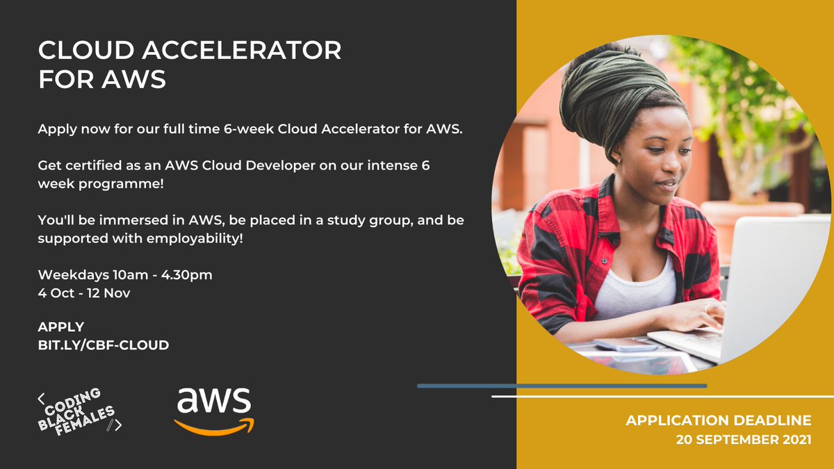 codingblackfems's tweet image. Applications for the Cloud Accelerator are open until 20th September sponsored by @awscloud! This is your chance to meet some likeminded people and train full time for 6 weeks to become a certified AWS Professional!
Apply: bit.ly/cbf-cloud
#WomenInTech #BlackTechTwitter