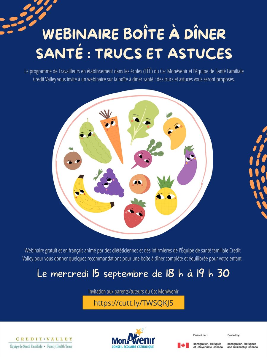 *INVITATION WEBINAIRE GRATUIT SUR LES BOÎTES À DÎNER*

Webinaire gratuit et en français animé par des diététiciennes et des infirmières de l'Équipe de santé familiale Credit Valley. 
Inscrivez vous :  forms.gle/3gSiqCDaaVthxD…
C'est le mercredi 15 septembre de 18 h à 19 h 30!