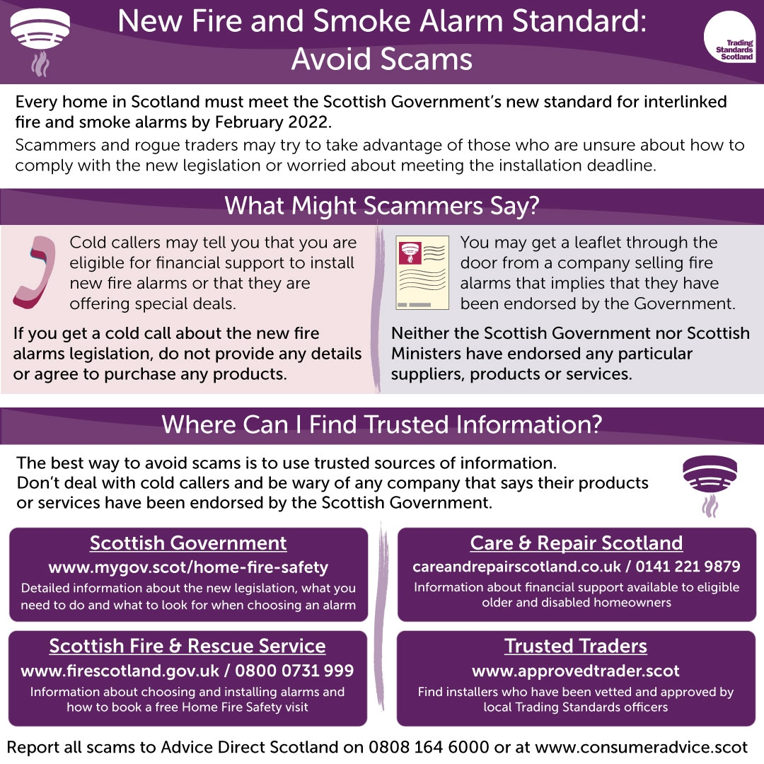 TSScot's tweet photo. Scammers may try to take advantage of those who are unsure about how to comply with the new Fire and Smoke Alarm Standard or who are worried about meeting the installation deadline.
Our new infographic shows how to recognise & avoid scams and where to find trusted information π https://t.co/zT8cdaabpM