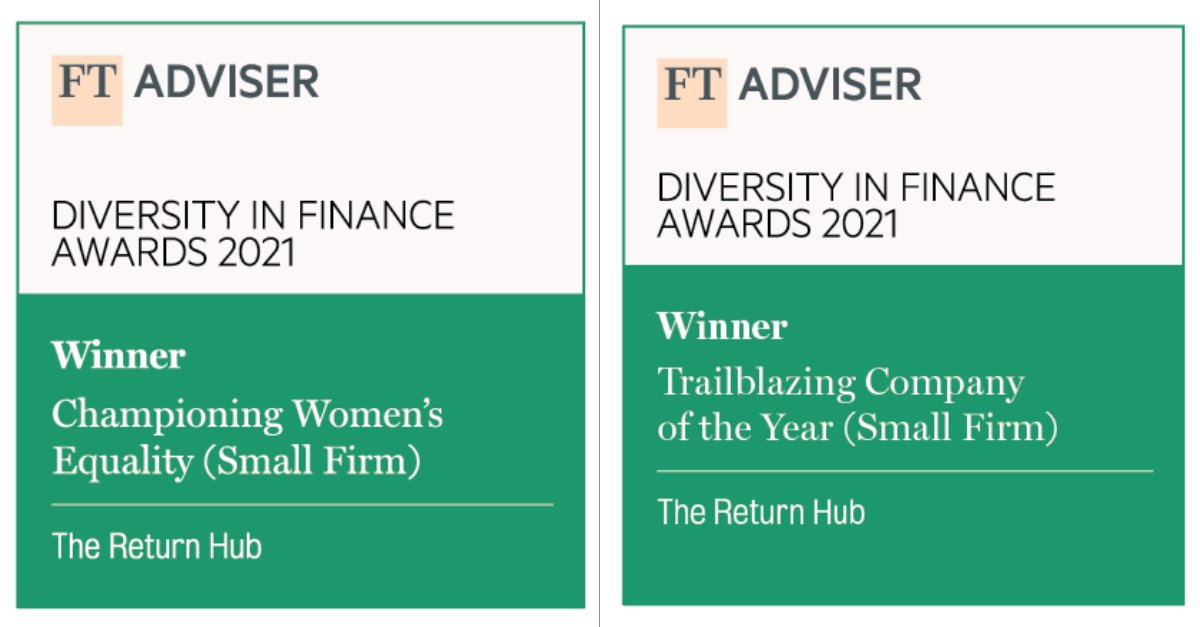TheReturnHub's tweet photo. We're bowled over to have won the Championing Women's Equality Award AND the Trailblazing Company of the Year Award at @FTAdviser's Diversity In Finance Awards 2021. Thanks to our candidates, clients and partners who help make change happen
#DIFA2021 #WomenInFinance #ReturnWell https://t.co/z2VbIa7Dqt
