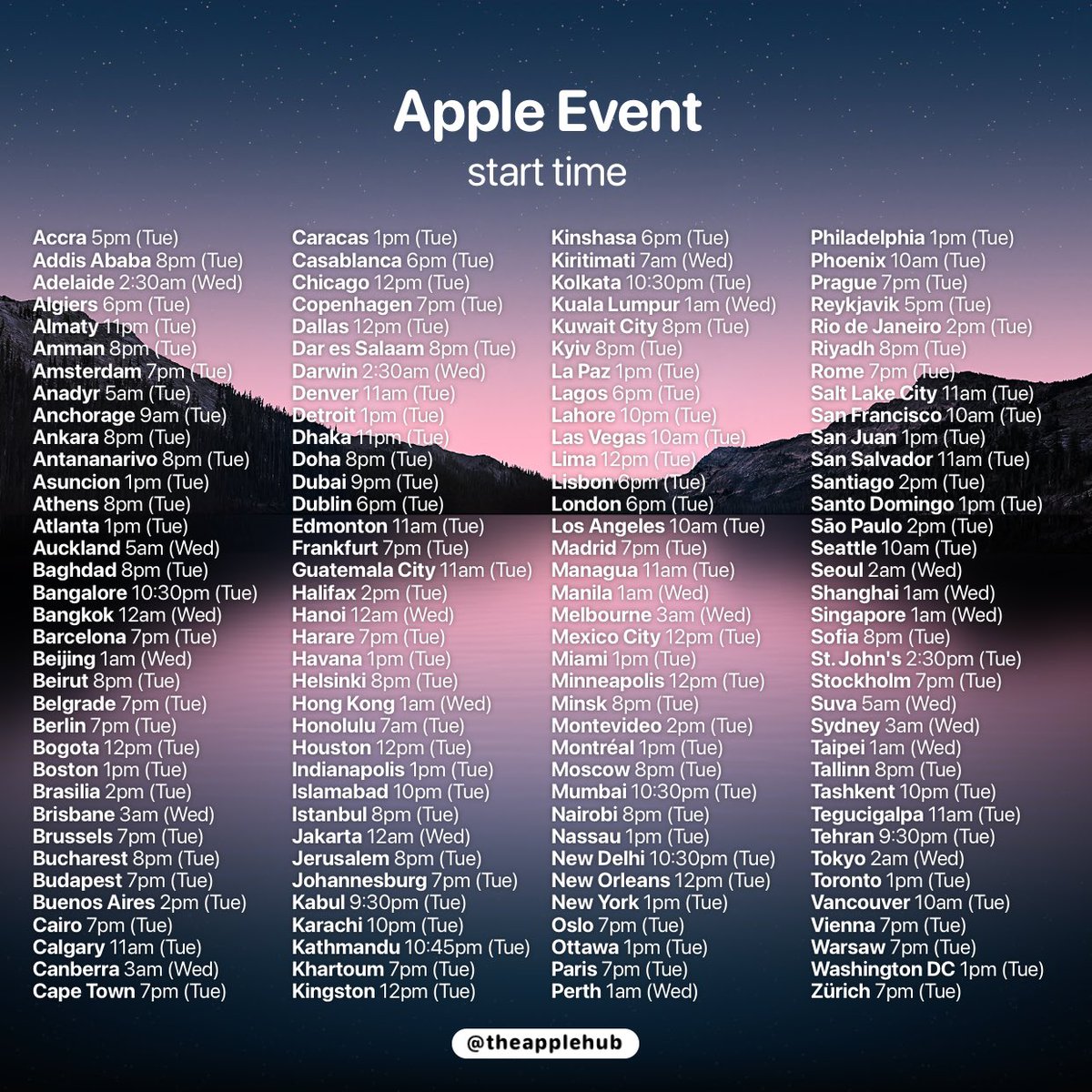 Apple on Twitter: are the Apple Event start times in over 140 popular cities. The event will start at 10 a.m. PDT. Make sure to turn on notifications on my