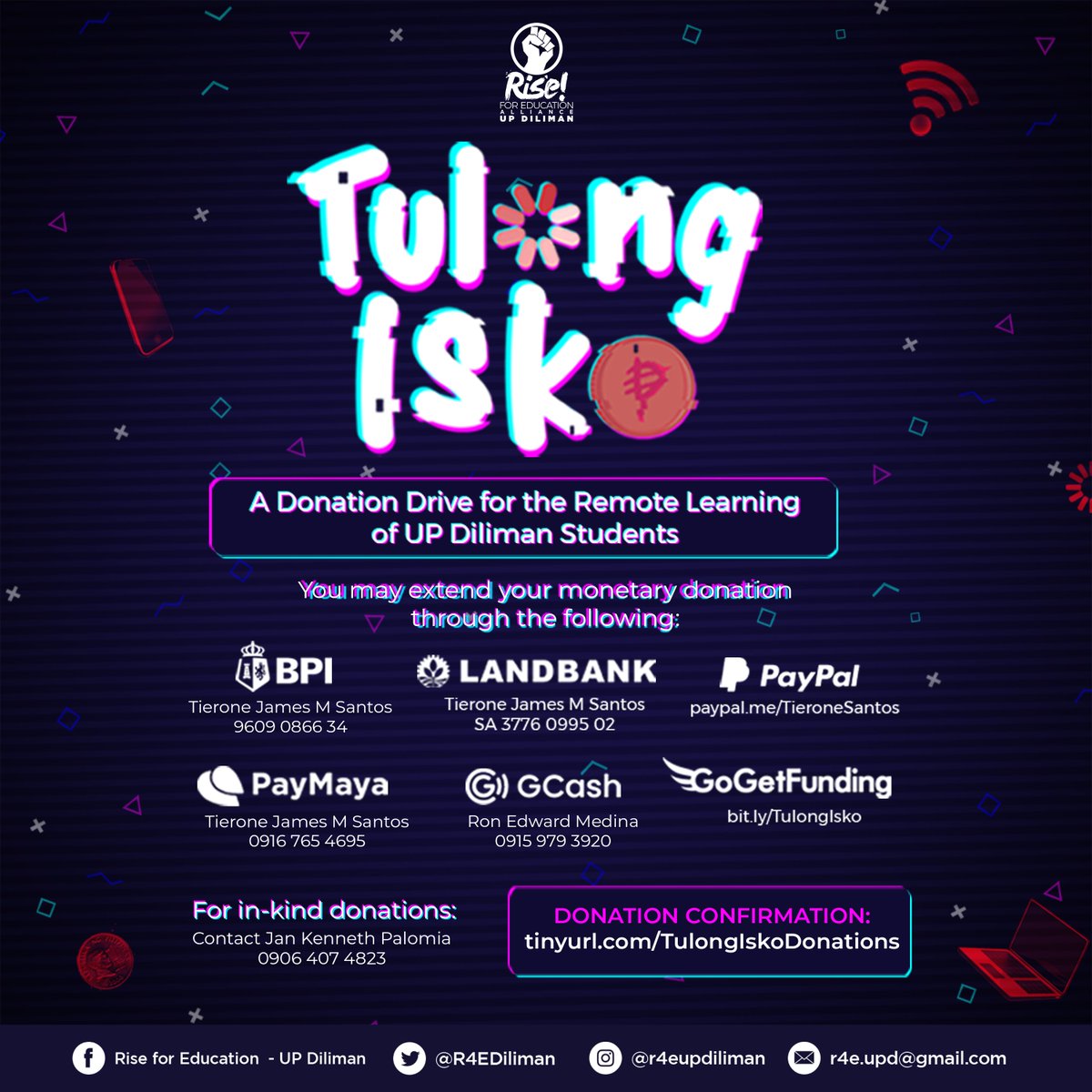 TulongIsko's tweet photo. [CALL FOR DONATIONS]

As we face another semester of remote online learning, the Rise for Education Alliance - UP Diliman once again opens Tulong Isko: A Donation Drive for the Remote Learning of UP Diliman students. https://t.co/gdBE9A9tAt