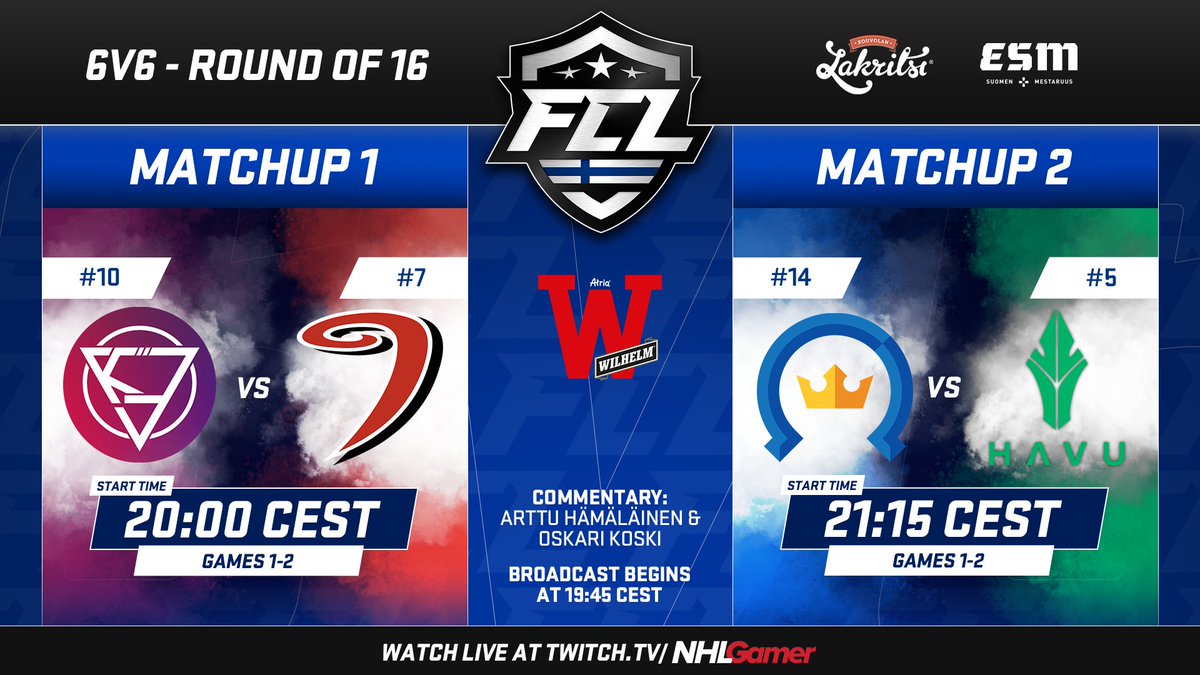 SportsGamerGG's tweet photo. #FCL2021 Playoffs - Round 3! 

🕗 19:45 CEST
⚫️ @kovaesports vs @JYP_Esports 🌪️
👑 @KiekkoEspooE vs @HAVUgaming 🌲
📺 https://t.co/iO58pWclnd
🎙 @ArttuHamalainen &amp; @0SKU_K

#NHL21 #esportsfi #esm #MukanaWilhelm #KouvolanLakritsi @esm_gg https://t.co/50AuMVQeCP