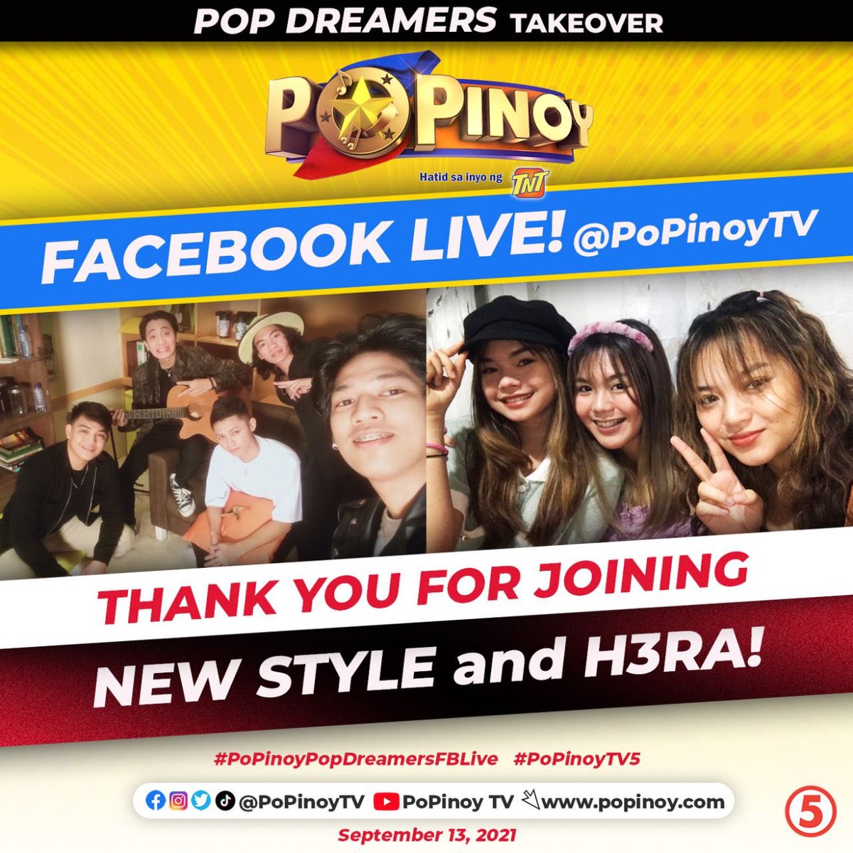 THANK YOU for joining our FB Live with New Style and H3RA! Nag-enjoy ba kayong makipagkulitan sa kanila? Anong groups ang gusto niyong makasama sa susunod nating livestream? ❤️

#PoPinoyPopDreamersFBLive #PoPinoyTV5 #TNTPoPinoy #IBAsa5 #NewStyle #H3RA