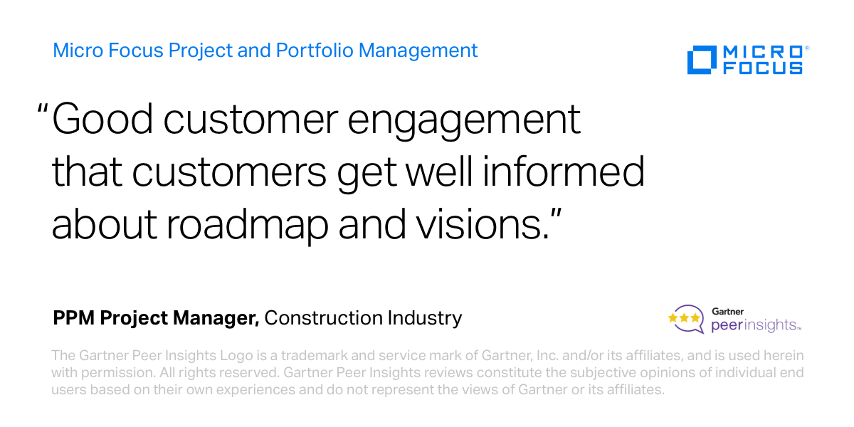 DinaresJ's tweet photo. PPM Project Manager in the Construction Industry gives @MicroFocus Project &amp; Portfolio Management ★★★★ on @Gartner_PI #PPM Read the full review... #CustomerSuccess https://t.co/FLMs3czpS1 #MyCompany https://t.co/ulkjgBQLPH