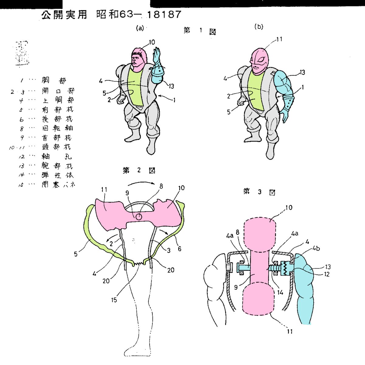 こちらの三案はともに左腕のクラッチギアで頭部を回転させるが、首の入れ替え方に差異がある
一案は腰のスイッチで前後のフタが開いて回転
二案は頭部の回転でフタが開閉するワンアクション
三案は前後には開口せず、両脚をつかむことでパンタグラフ状に頭部を持ち上げ回転のスペースを確保する 