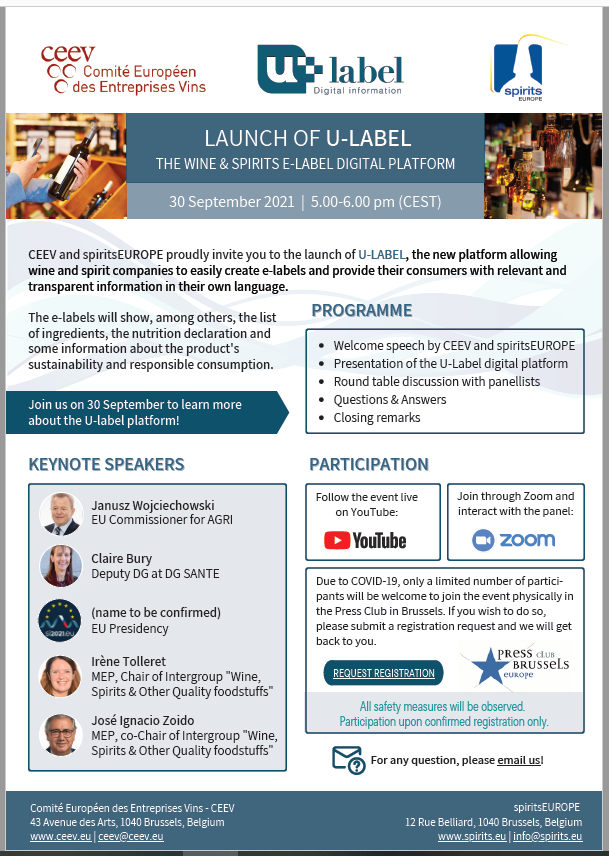 wine_ceev's tweet photo. Join us for to the launch of U-LABEL - the wine&spirits #elabel platform - on 30 September 🥂🥳
➡️Empowering consumers through digital
➡️Supporting companies in their digital journey
https://t.co/7OI0WuXyvH
Among speakers: @jwojc @ITolleret @zoidoJI @EU_Health https://t.co/a8l3pxyj1Y