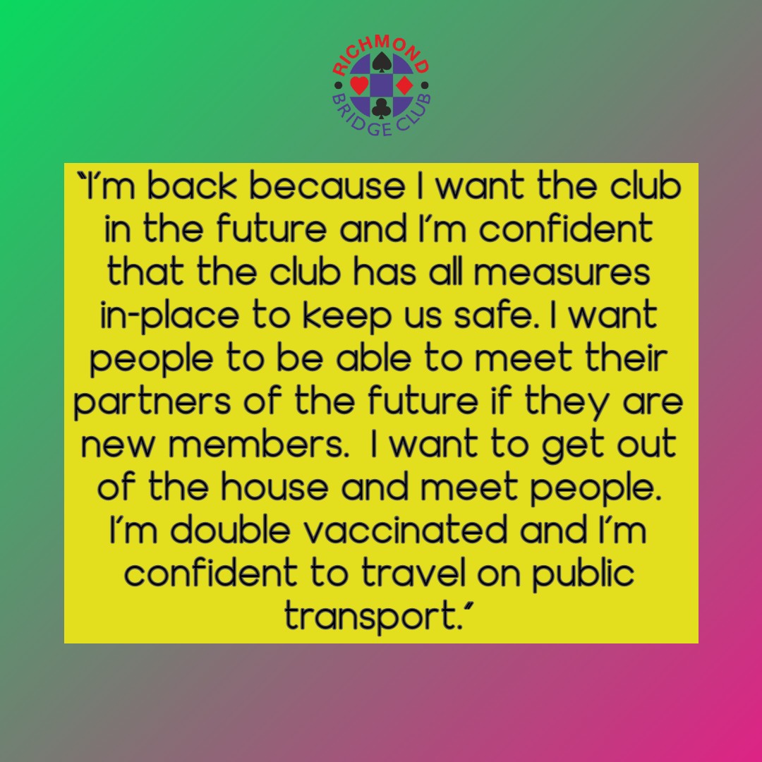 This lovely quote comes from one of our members who is embracing life back at the club! We are delighted to hear how much everyone is enjoying playing in-person and most-importantly that they feel safe here ♠️♣️♥️♦️ #duplicatebridge #bridgeclub #playbridge