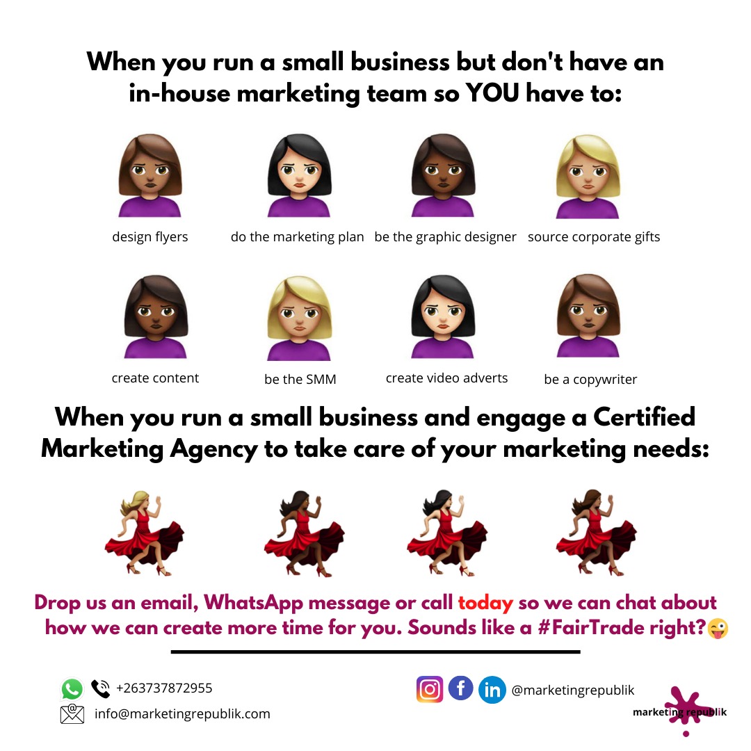 Running a #smallbusiness can take it's toll, especially when you don't have a full-time marketing department. Outsource your marketing tasks to us so you can have time to concentrate on other aspects of your business!

#marketingmonday #proudlyzimbabwean #certifiedloverboy #drake