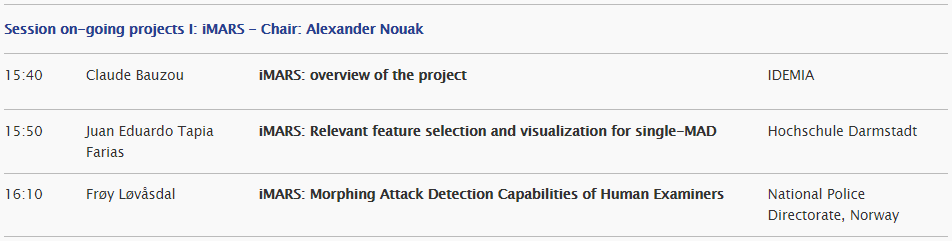 Three exciting talks are on the programme today in our iMARS dedicated session at the EAB-RPC. #research #Biometrics #security #borders #H2020