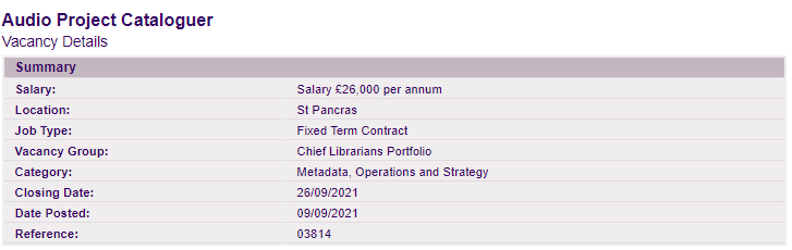Recruiting for an Audio Project Cataloguer to work on <a href="/BLSoundHeritage/">BL Sound Heritage</a> at the British Library. For this particular vacancy, knowledge of oral history, radio broadcasting, classical music or world and traditional music would be an advantage.
britishlibrary.recruitment.zellis.com/birl/pages/vac…