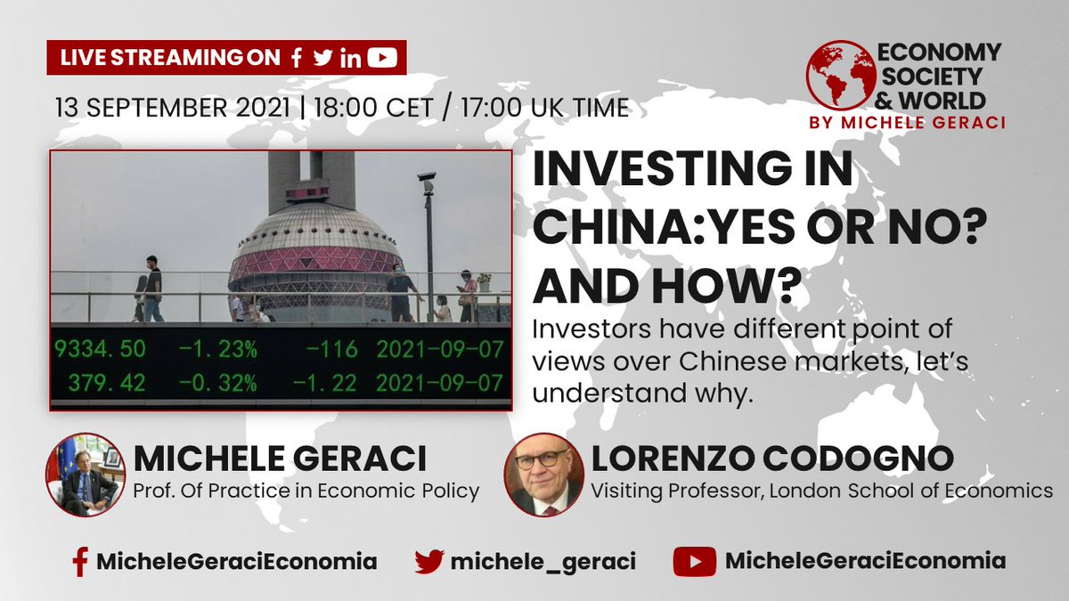 Prof Michele Geraci, fmr Undersecretary of State (@michele_geraci) on Twitter photo 🔴Live Video: #Investing in #China :Yes or No❓ And how❓
Risks and opportunities in #Shanghai #StockMarket? I will tell you my view and happy to debate with you
Join me live with <a href="/lorenzocodogno/">Lorenzo Codogno</a>
Sept 13 at 5pm UK Time (6pm Italian Time). Lang: English 🔴Live Video: #Investing in #China :Yes or No❓ And how❓
Risks and opportunities in #Shanghai #StockMarket? I will tell you my view and happy to debate with you
Join me live with <a href="/lorenzocodogno/">Lorenzo Codogno</a>
Sept 13 at 5pm UK Time (6pm Italian Time). Lang: English