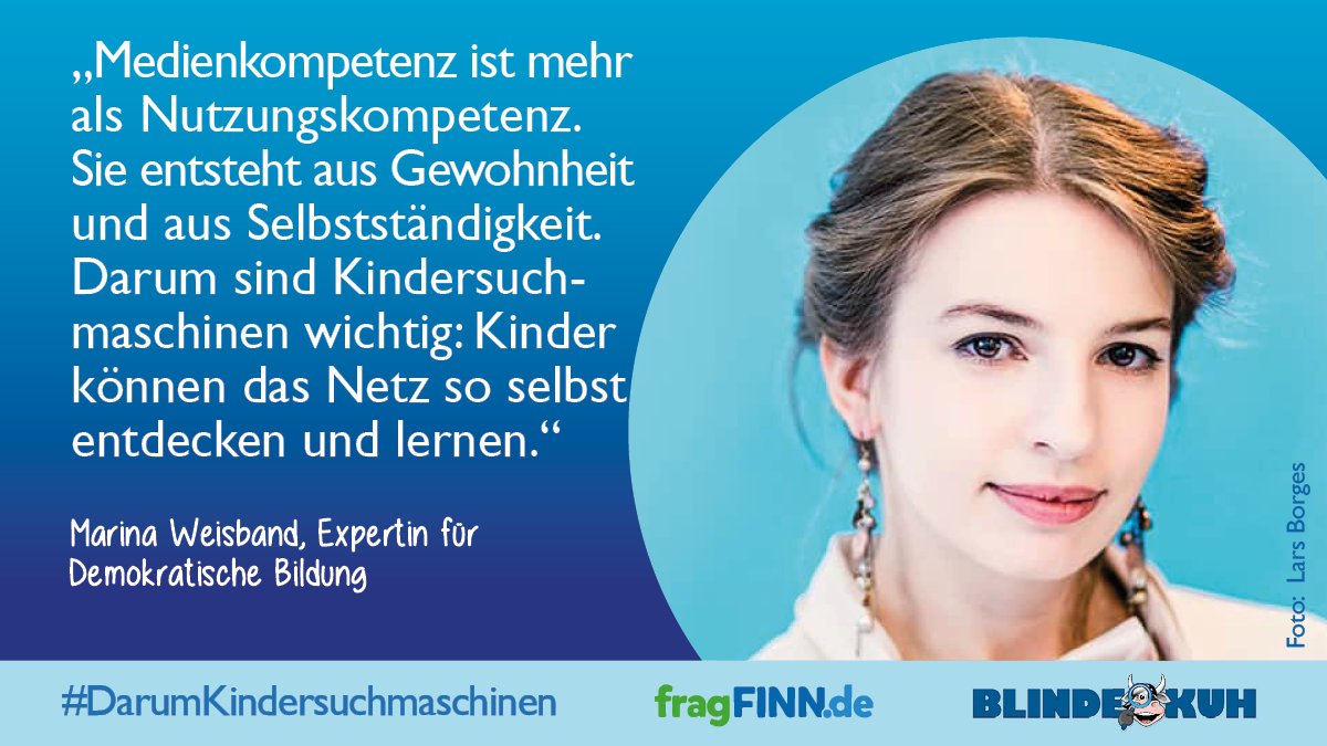 #DarumKindersuchmaschinen: So können Kinder das Netz selbstständig entdecken und lernen, sagt Marina Weisband. Mehr Infos über unsere #Kampagne mit <a href="/fragFINN_DE/">fragFINN.de</a>: 
Blinde-kuh.de/darumkindersuc…  
#Kinderrechte #Kinderseitenlandschaft #positiverJugendmedienschutz #Medienkompetenz
<a href="/Afelia/">ju</a>