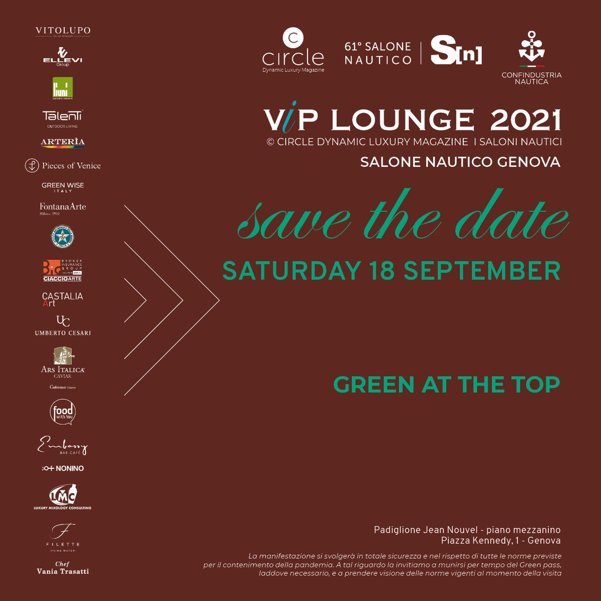 SAVE THE DATE | SABATO 18.09
VIP LOUNGE 2021 -  SALONE NAUTICO DI GENOVA
Tra i partecipanti anche <a href="/nicoladepell/">Nicola De Pellegrini</a> designer di Tikal, la cucina outdoor firmata #TalentiOutdoorLiving e #PiecesofVenice.