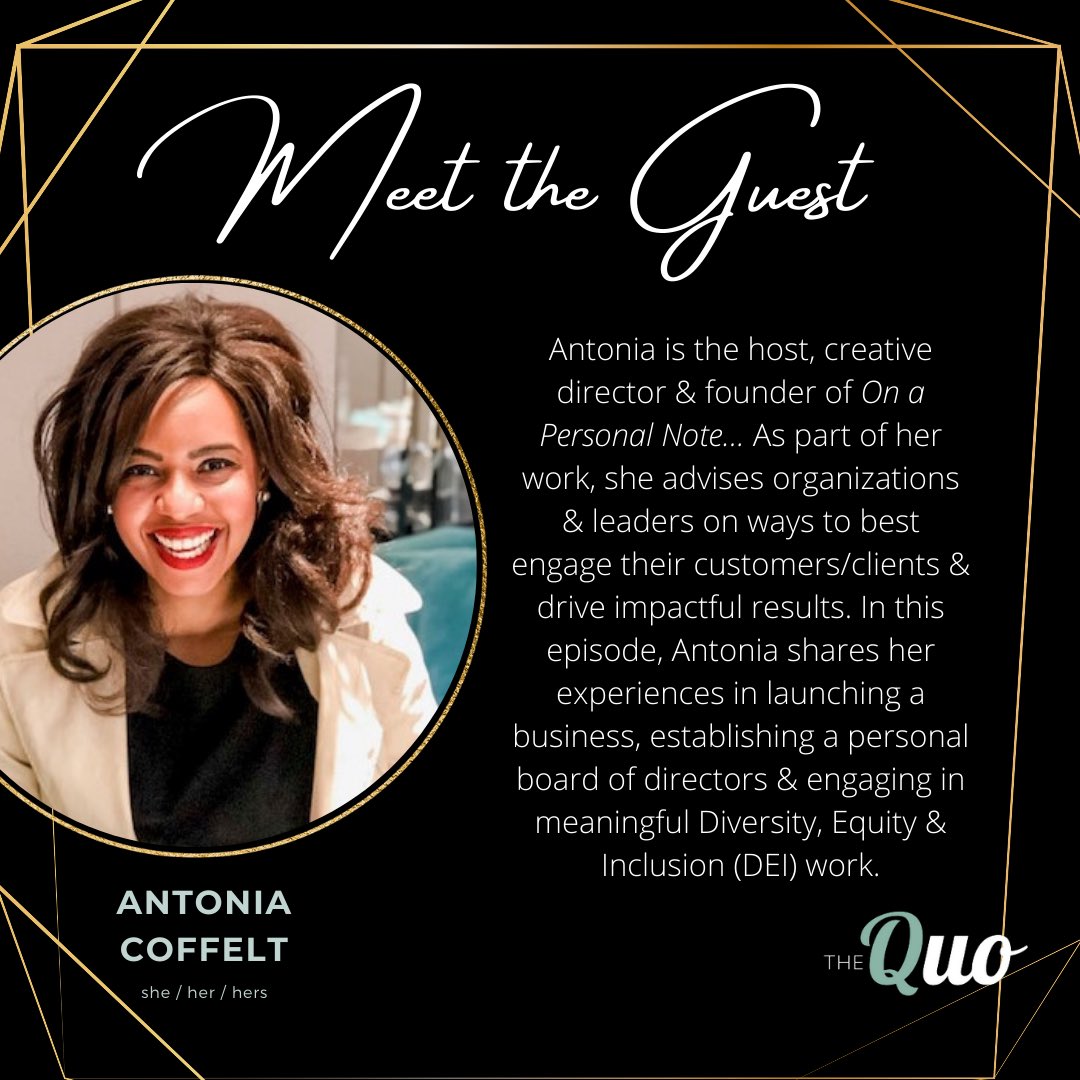 TheQuoMedia's tweet photo. EPISODE 3 IS NOW AVAILABLE! 🎙

Meet Antonia Coffelt. In this episode, we discuss her new venture, how she leverages connectivity to create change, &amp; what DEI work really looks like.

YouTube: https://t.co/SQJxuMMSQl
Apple: https://t.co/ju9id61FDX
Spotify: https://t.co/99qUdGdUFE https://t.co/fQ49vu5xUz