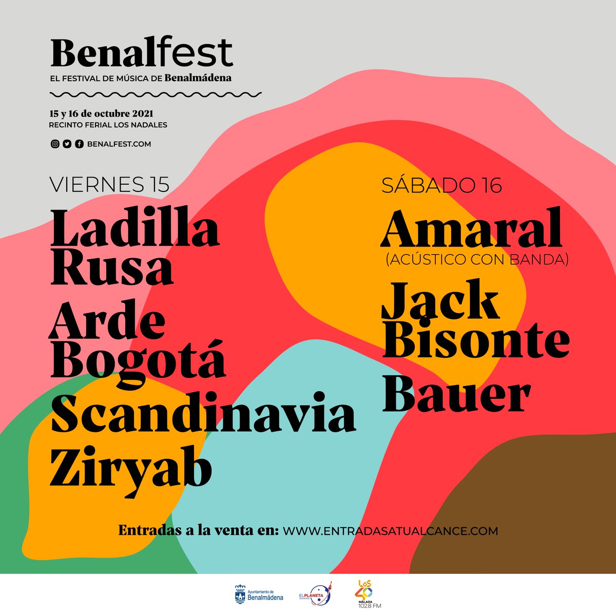 Después de un año de parón… ¡Vuelve la música a Benalmádena! 15 y 16 de octubre #Benalfest2021 con <a href="/amaraloficial/">Amaral</a>  <a href="/LadillaRusa/">Ladilla Rusa</a> <a href="/arde_bogota/">ARDE BOGOTÁ</a> <a href="/jackbisonte/">Jack Bisonte</a> <a href="/Scandinavia_pop/">Scandinavia</a> <a href="/bauermusica/">Bauer</a> y Ziryab 🎉 🎫: entradas a la venta MAÑANA en @Entradasalcance