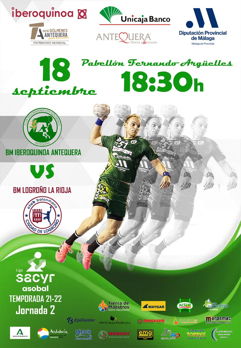 DolmenesAtqBM's tweet photo. 🔜 PRÓXIMO PARTIDO 💥
J2️⃣ #LigaSacyrASOBAL
📆 18/09/21
🕡 18:30h
🏟️ Fernando Argüelles
📍 #Antequera
🆚 @CdadLogrono

#AntequeraEsDeASOBAL
#ASOBALisback
#saboreaASOBAL https://t.co/nXA67wky5v