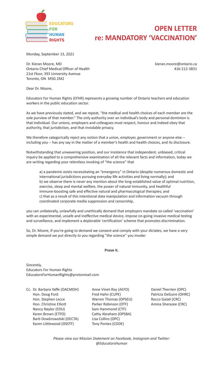 EducatorsHuman's tweet photo. OPEN LETTER toCMOH @ONThealth @OnDirEducation @ETFOeducators @osstf @OECTAProv @AEFO_ON_CA @CUPEOntario @OPSEU @CTFFCE @otffeo @OPSBA @OPCouncil @fordnation @Sflecce @roccogalatilaw #ProFreedom #ProHealth #OntEd #criticalthinking #DemandTheData #ProveIt #FactsNotVax #FactsNotFear https://t.co/XK0jDFKjwo