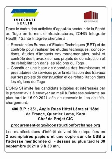 aattisso's tweet photo. Avis a manifestation d interet #constructionforchange #integratehealth https://t.co/mrYFhfxA8x