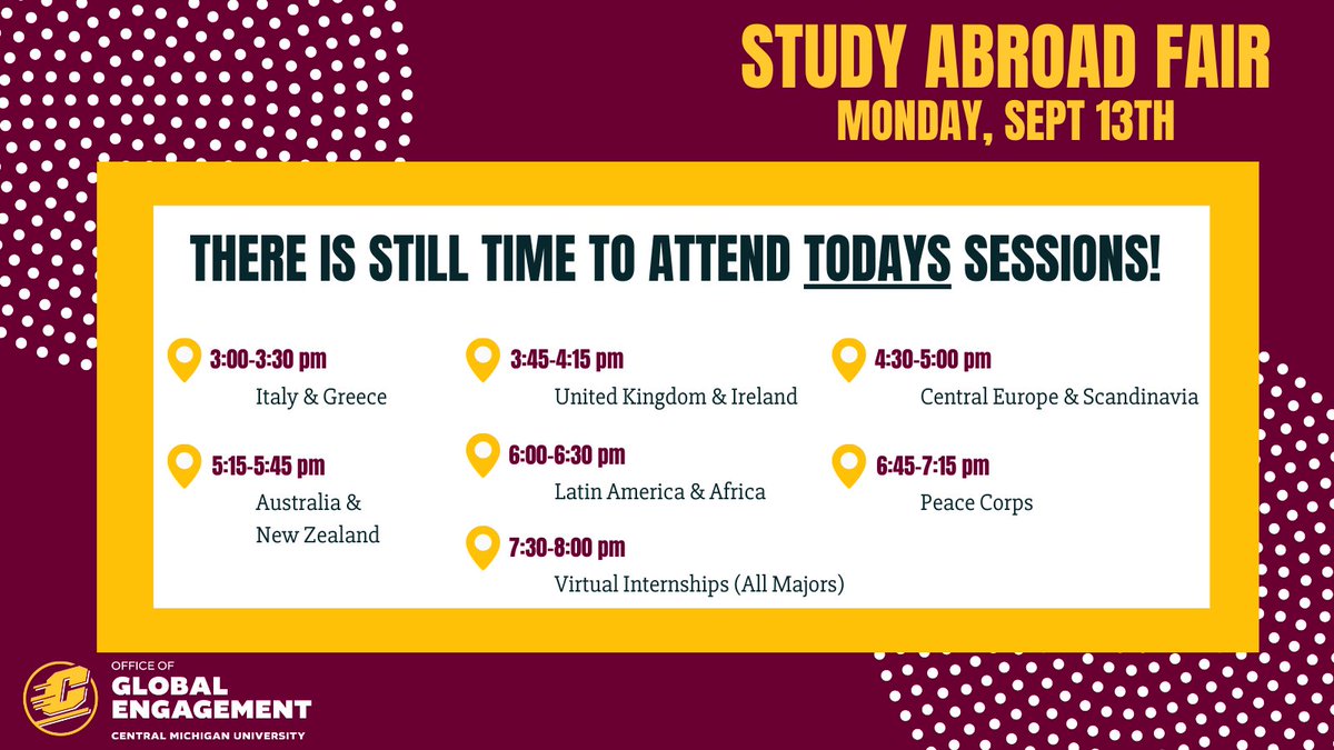 StudyAbroadCMU's tweet photo. TODAY IS THE DAY!!

Join us as we kick-off day 1️⃣  of our Virtual Fair starting TODAY at 3:00pm! To view the schedule &amp; register click here: https://t.co/9wgbaAcMwV

Let's start planning your Study Abroad adventure today ✈️. 🌏 🗺️ ✈️. 🌏 🗺️ https://t.co/k6WmjGhcr0