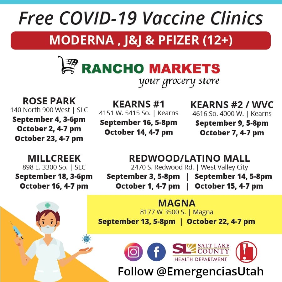 MagnaUnitedCTC's tweet image. Free COVID-19 Vaccine Clinics. 
Salt Lake County Health Department at Rancho Markets today (September 13th) from 5-8 pm and again on October 22nd from 4-7 pm. facebook.com/EmergenciasUtah