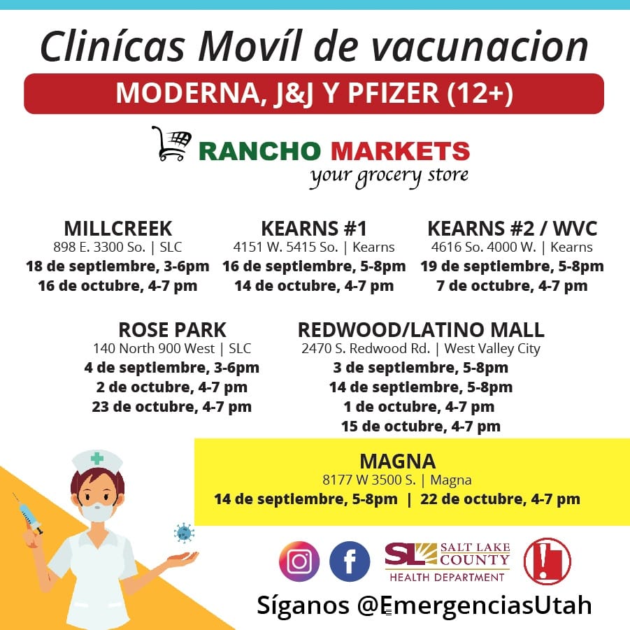 MagnaUnitedCTC's tweet image. Free COVID-19 Vaccine Clinics. 
Salt Lake County Health Department at Rancho Markets today (September 13th) from 5-8 pm and again on October 22nd from 4-7 pm. facebook.com/EmergenciasUtah