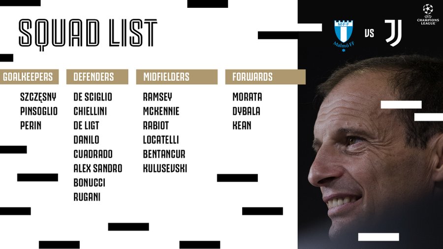 NoijuveC's tweet photo. #SquadList
#MalmövsJuventus
#UefaCL
#NewChallenges 
#LiveAhead 
#FinoAllaFine 
#NoiJuve https://t.co/p2vVqAIjYb