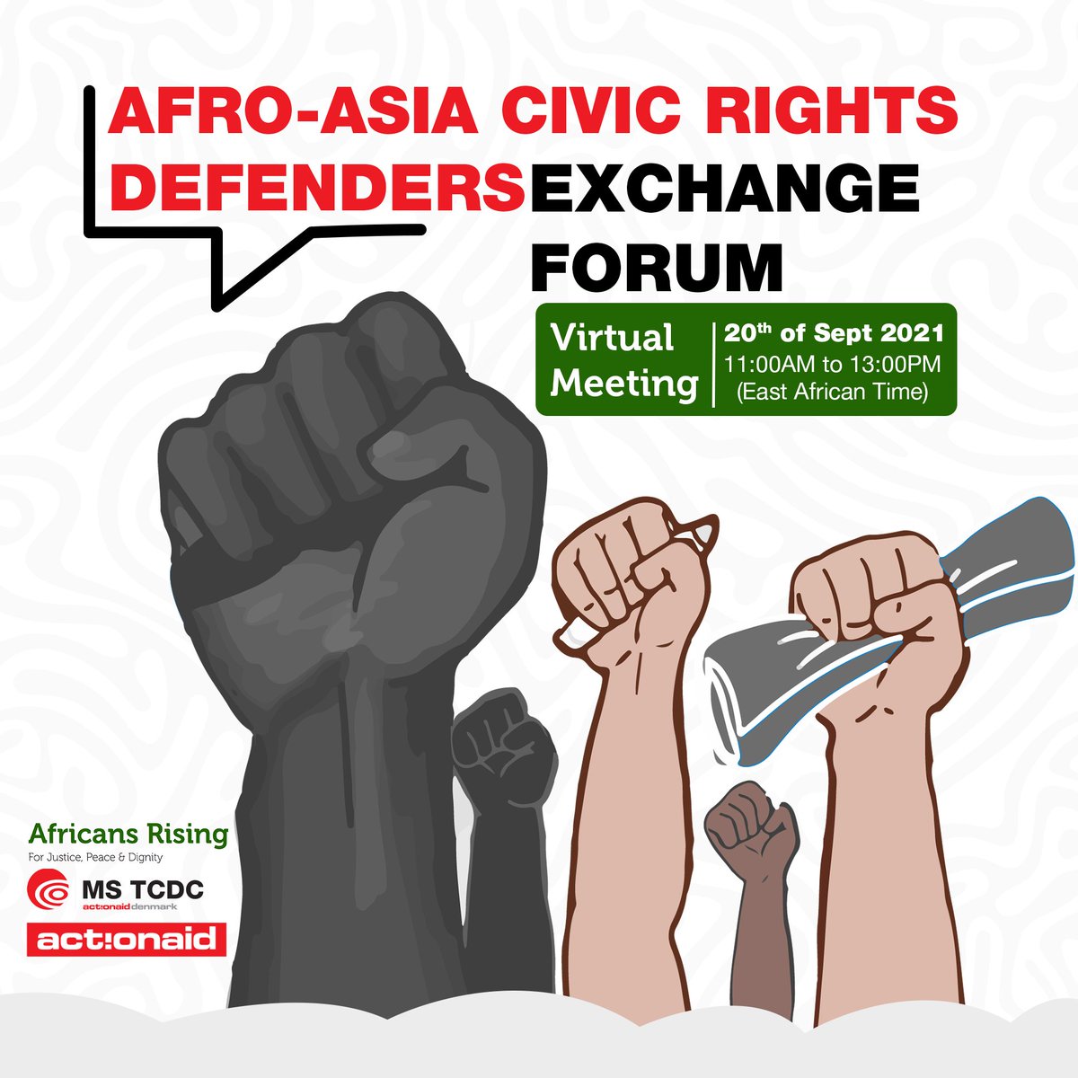 MSTCDC's tweet photo. Join us for the much anticipated Africa and Asia forum on 20th September@11amEAT.
#Solidarity #CivicRightsDefendersExchangeForum #23Countries
Register now at https://t.co/l8Mhh04mNo https://t.co/ugEUp8Ri6J