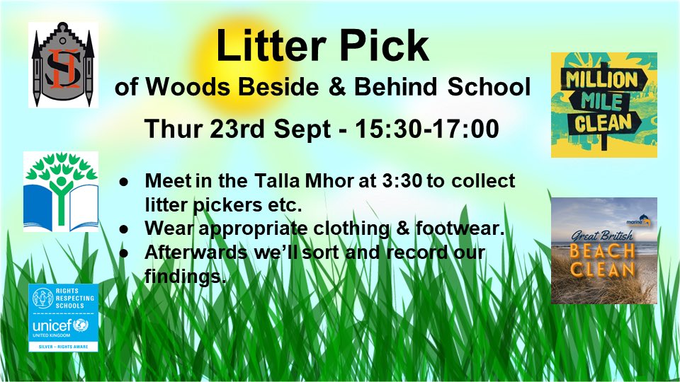 What – #litterpick behind school
When - Thu 23rd Sept - 15:30 to 17:00
How - sign up on Eco-Schools Google Class by Fri 17th Sept
@MarineConservationSociety
#GreatBritishBeachClean
@SurfersAgainstSewage
#MillionMileClean
@EcoSchoolsScotland
@PlasticFreeSchools