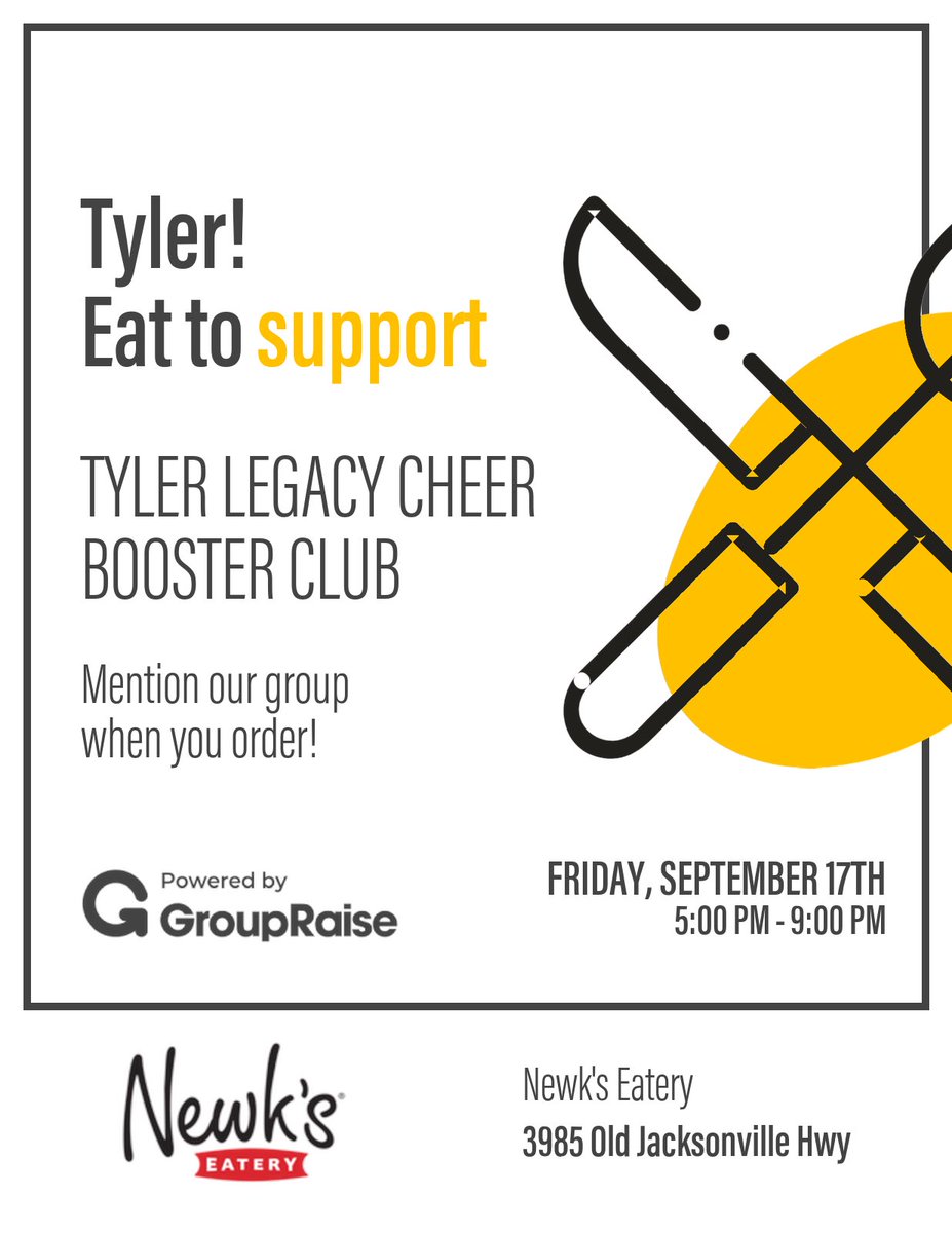 On Friday, Sept. 17th Newk's Eatery, 3985 Old Jacksonville Hwy, will donate 20% of Takeout &amp; Delivery orders to Tyler Legacy Cheer Booster Club. Please help us by RSVPing to save the date and inviting a friend (or 2) to eat with you! RSVP &amp; details here: grouprai.se/s197823