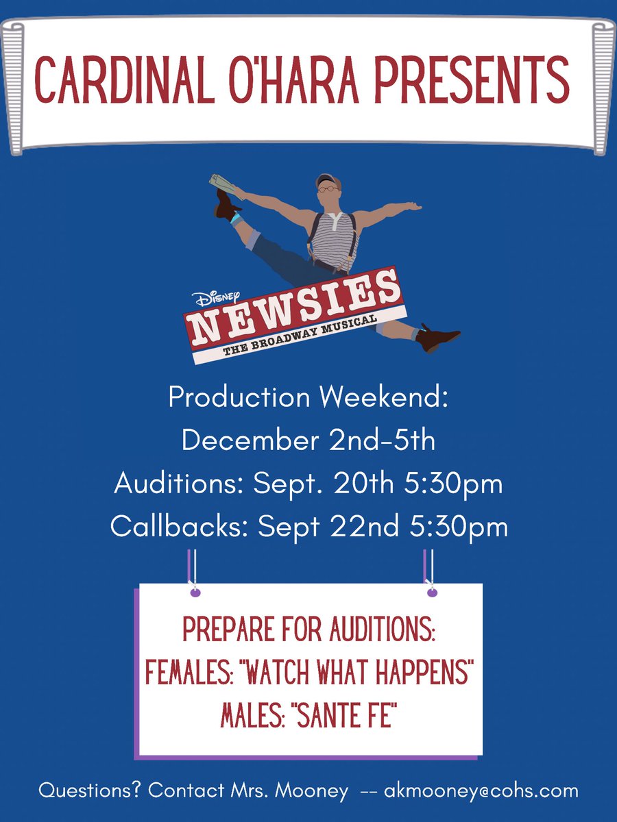 COHS_Theater's tweet photo. We can’t wait for our Fall Production of Newsies to begin! 🎭 Be sure to register online if you want to be a part of the cast, crew, orchestra, or costume team. Auditions are ONE week away! 🎶

Register ➡️ https://t.co/ayN0ALypmY https://t.co/roEYzvvT8r