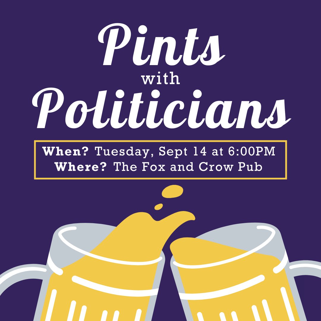 Interested in chatting with your Charlottetown Federal Election candidates and over a few brews? Then stop in at The Fox and Crow tomorrow evening at 6 for Pints with Politicians 🍻

*This event is open to UPEI students only