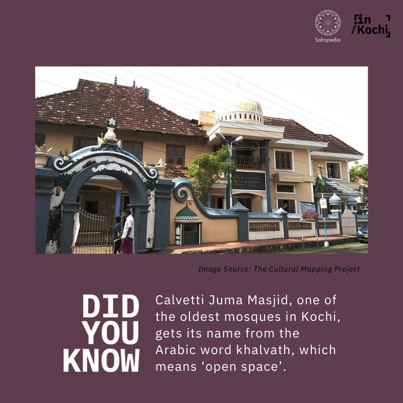 Sahapedia's tweet photo. Built in 1384, #Calvetti #JumaMasjid is one of the oldest mosques in #Kochi. It is spread over 2 acres of land and is surrounded by many rare trees. The compound also has a cemetery & the tomb of Islamic preacher Fariduddin Aulia. Head to https://t.co/9bJAgLPaA1 to learn more! https://t.co/QnOARd3R2c