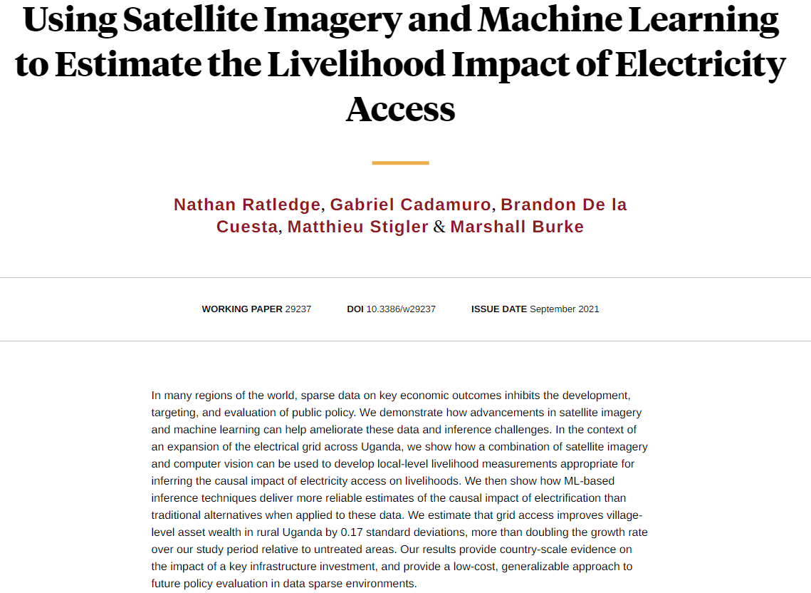 nberpubs's tweet photo. Combining satellite technology and machine learning allows country-scale evaluation of infrastructure investments, from Nathan Ratledge, Gabriel Cadamuro, Brandon De la Cuesta, Matthieu Stigler, and @MarshallBBurke https://t.co/P2jbPWcp2s https://t.co/rbCPh0LYZH
