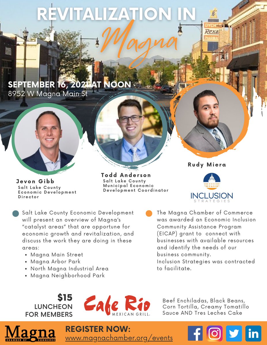 MagnaChamber's tweet image. RSVP to our September Luncheon
Revitalization in Magna
Noon on September 16 at The Webster Center - 8952 W Magna Main St. #MagnaUtah #MagnaChamber
#MagnetizingMagna