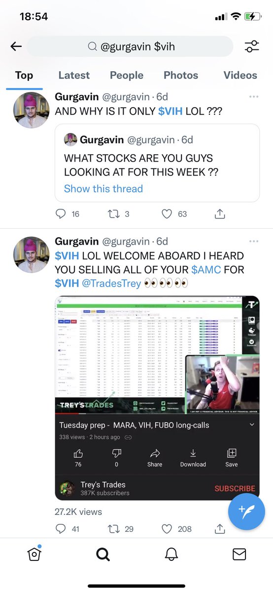 HarryDTrades's tweet photo. I never ask for retweets but please spread the message to newer investors to steer well clear of @gurgavin. All he does is pump and dump shitty stocks to his beginner, bag-holding followers. 

I’m all for DYOR, but this is a scumbag who profits off vulnerable traders👇. $vih https://t.co/QNmHpDFTwY