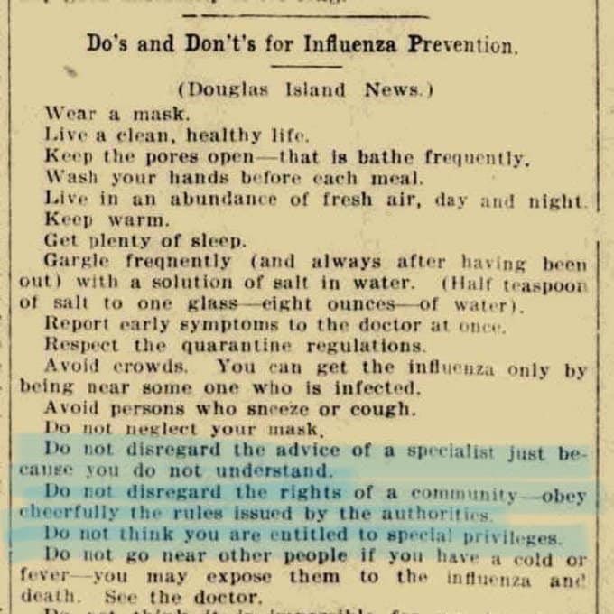 A hundred years passed. So much technological advancement, amazing amount of new knowledge uncovered. Yet the instructions for handling flu pandemic sound awfully similar to what we still have to reiterate today.