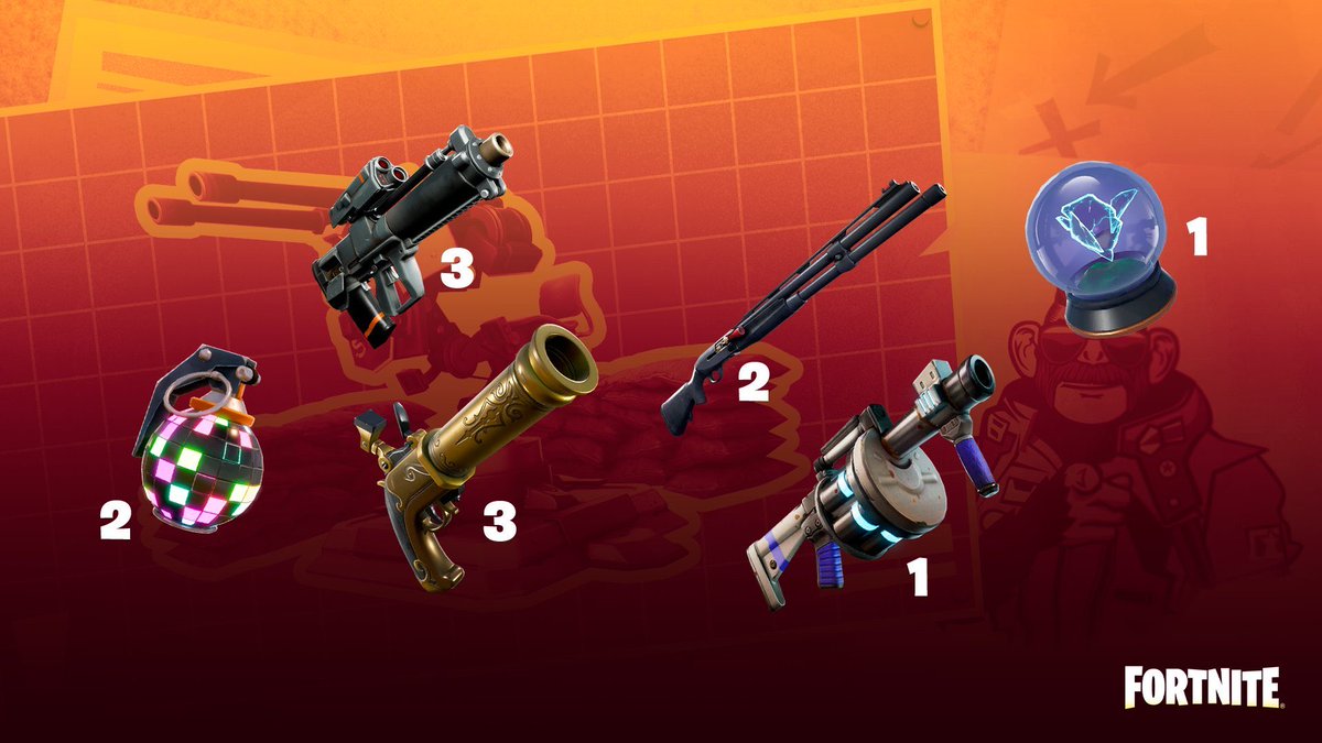 JosekaGG's tweet photo. Estas son las armas por las que podremos votar en un futuro para que regresen de la bóveda.

Las que tienen el mismo número son las que se enfrentarán entre sí en la votación.

#FortniteSeason8 https://t.co/ZmVsBKWUvz