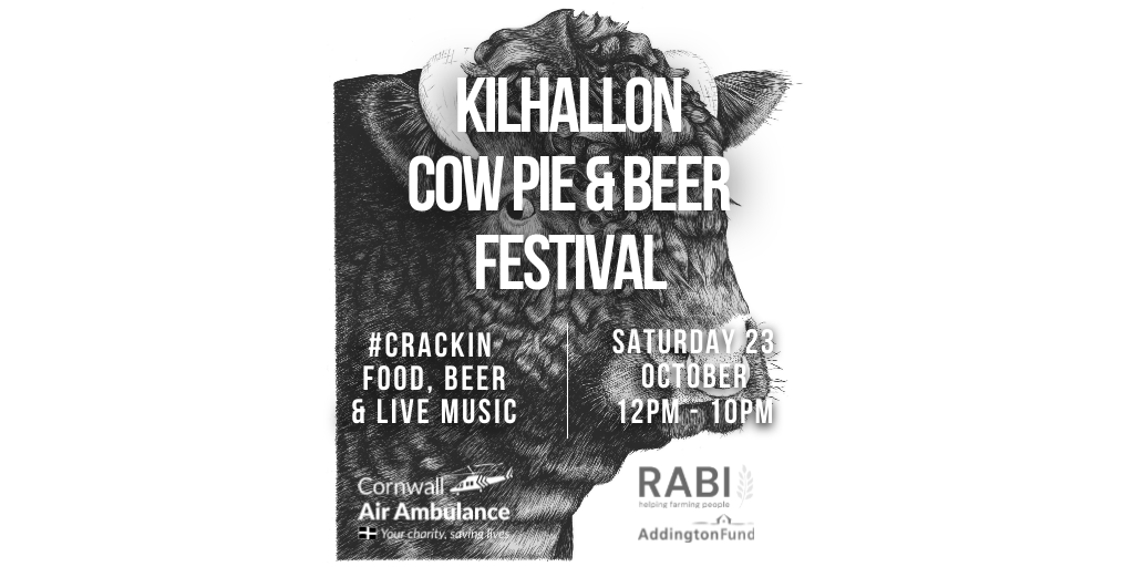 The Kilhallon Cow Pie &amp; Beer Festival is at the farm on Sat 23 Oct, noon - 10pm.

You’ll find #crackin food, ales and a dash of live music, supporting <a href="/cornwallairamb/">Cornwall Air Ambulance</a> RABI &amp; <a href="/AddingtonFund/">Addington Fund</a>

Tickets cost just £5 each. Book here: ticketsource.co.uk/james-kittow-b…

#beerfestival #cornwall