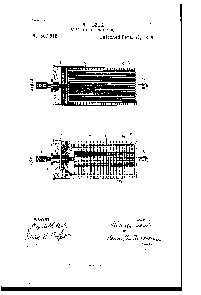 On Sep 15, 1896, Nikola Tesla patented Electrical Condenser.