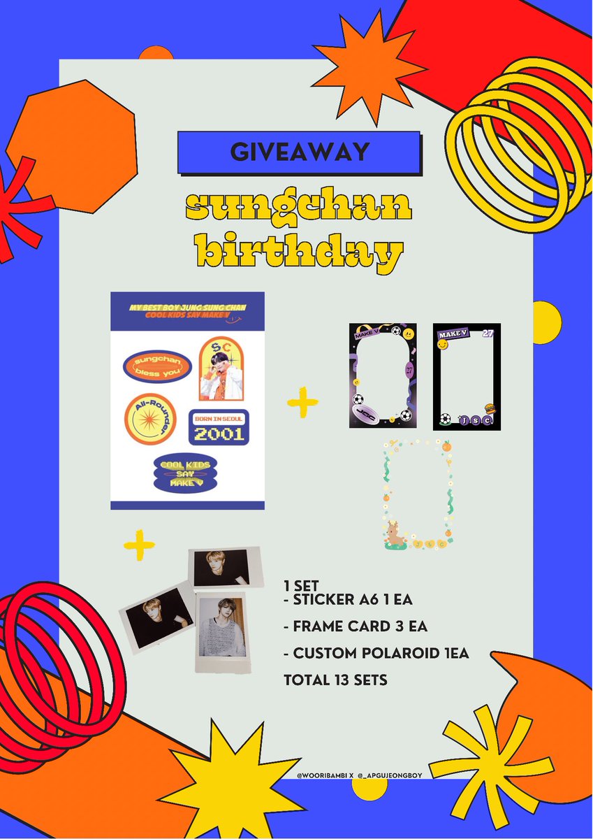 giveaway ♡⃝ 
✿ #HAPPYSUNGCHANDAY 
✿ 13 ea (sticker + frame card + polaroid)
✿ สุ่มจากรีทวิต 13 คน (ไม่ต้องฟอล) และสุ่มอีก 3 คนใน 13 แจกการ์ดออฟฟิเชี่ยลคนละ 1 ใบ ( ฮลก set pt.1 / departure / withfans **มีตำหนิรอยพับ )
✿ ประกาศผล 14/09 21:00
* ขอสงวนสิทธิ์ให้เมนซองชานนะคะ
