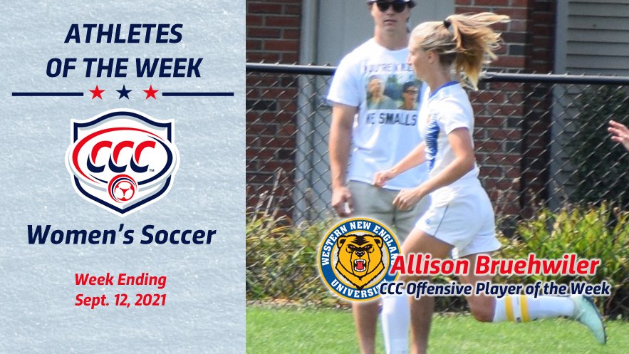 CNE_Sports's tweet photo. #CCCWSOC | Allison Bruehwiler had a pair of multi-point games for @WNE_GoldenBears this week. She scored three goals and one assist, giving her seven points. For her efforts, she was recognized as the Offensive Player of the Week.

READ: https://t.co/no6wz6Pz1Z

#d3soccer https://t.co/ArViDKhY2G