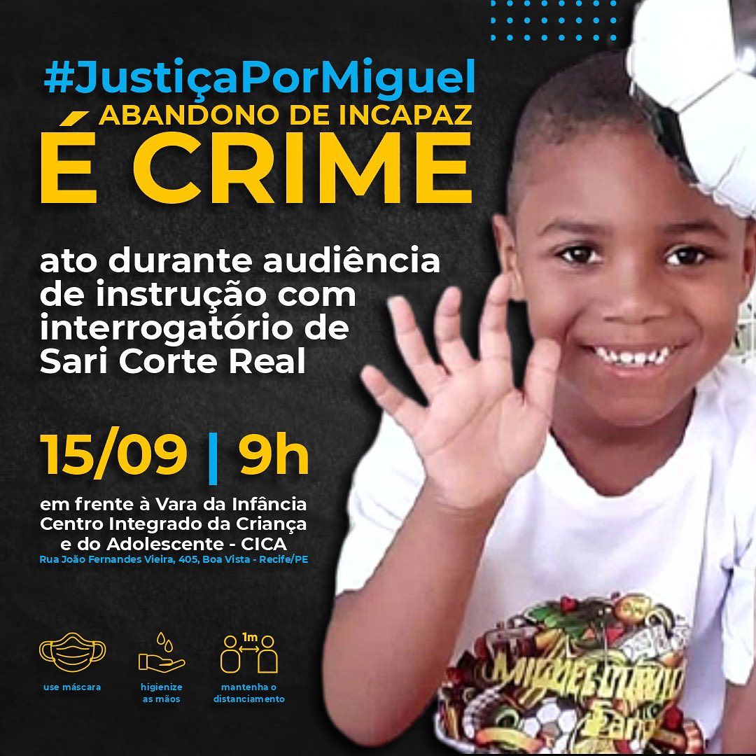 GAJOP_ONG's tweet photo. ‼ Na quarta-feira (15) é a Audiência de Instrução do Caso Miguel onde a ré, Sarí Corte Real, será ouvida pela Justiça. 
▪︎ Na local, @mirtes_renata , @anepe__ , #GAJOP e demais ongs e movimentos sociais farão o Ato #JustiçaPorMiguel e, uma Coletiva de imprensa, no #GAJOP. ✊🏿 https://t.co/ufzdDSlM1A