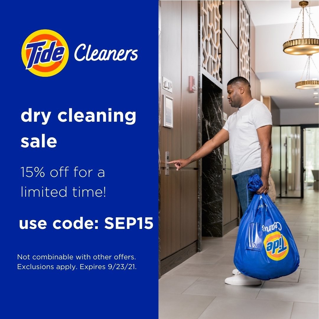 Save time doing laundry by using <a href="/tidecleaners/">Tide Cleaners</a> services. This month residents can receive 15% off their dry cleaning by using the code above.