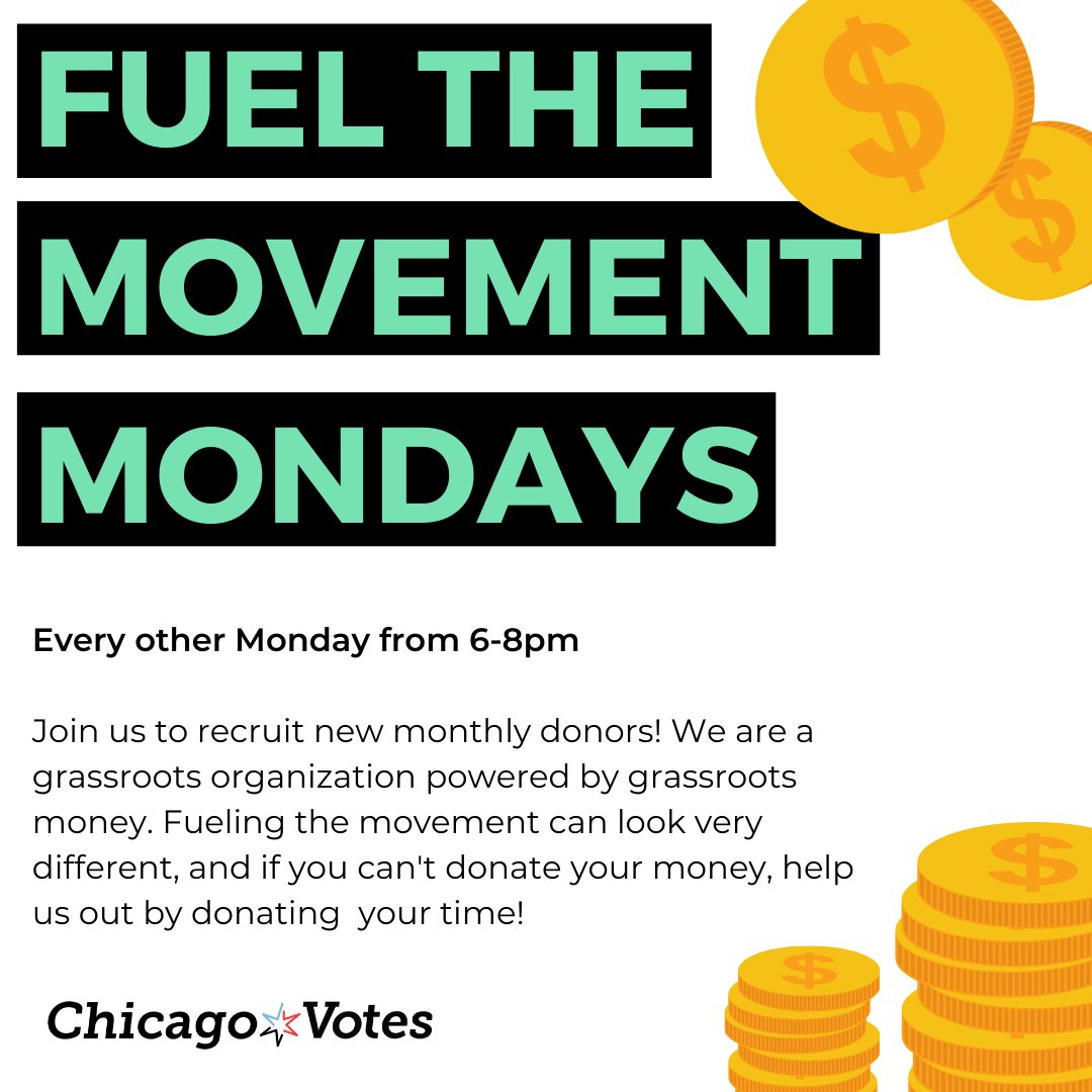 ChicagoVotes's tweet photo. Are you free tonight?! We need help making calls to raise grassroots money to fund our grassroots work 💰Join us for #FuelTheMovement Monday at 6pm CT!

See ya on Zoom ➡️https://t.co/fGOJKtXmfD https://t.co/ulLVjK0sNE
