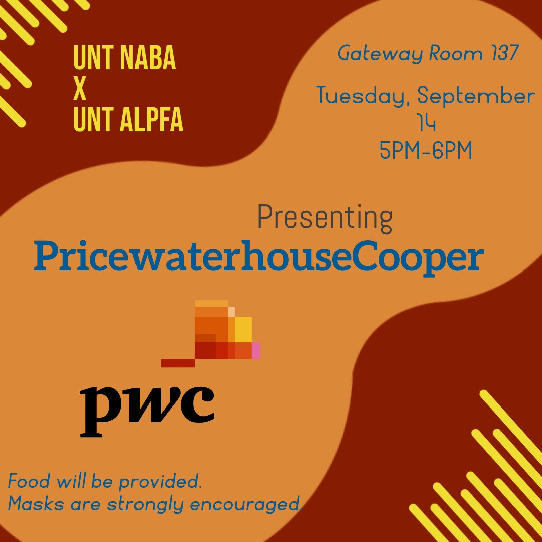 This week, join us &amp; <a href="/ALPFA_UNT/">ALPFA at University of North Texas</a>, on Sept. 14 at 5 PM, to welcome &amp; get to learn about PWC! We are excited to see everyone there and partner with another great organization! Comment or DM us if you have any comments or questions.

Please come dressed in business casual attire.