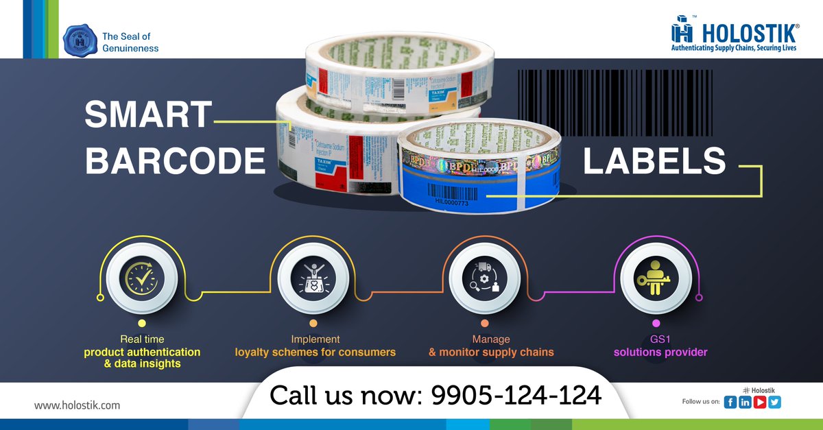 #Holostik provides barcode-printed labels to help you manage your entire #supplychain with ease.
To know more, call us on +91-9905-124-124 or visit: holostik.com

#barcodelabels #securitylabels #securityholograms #smartbarcode #boostsales
