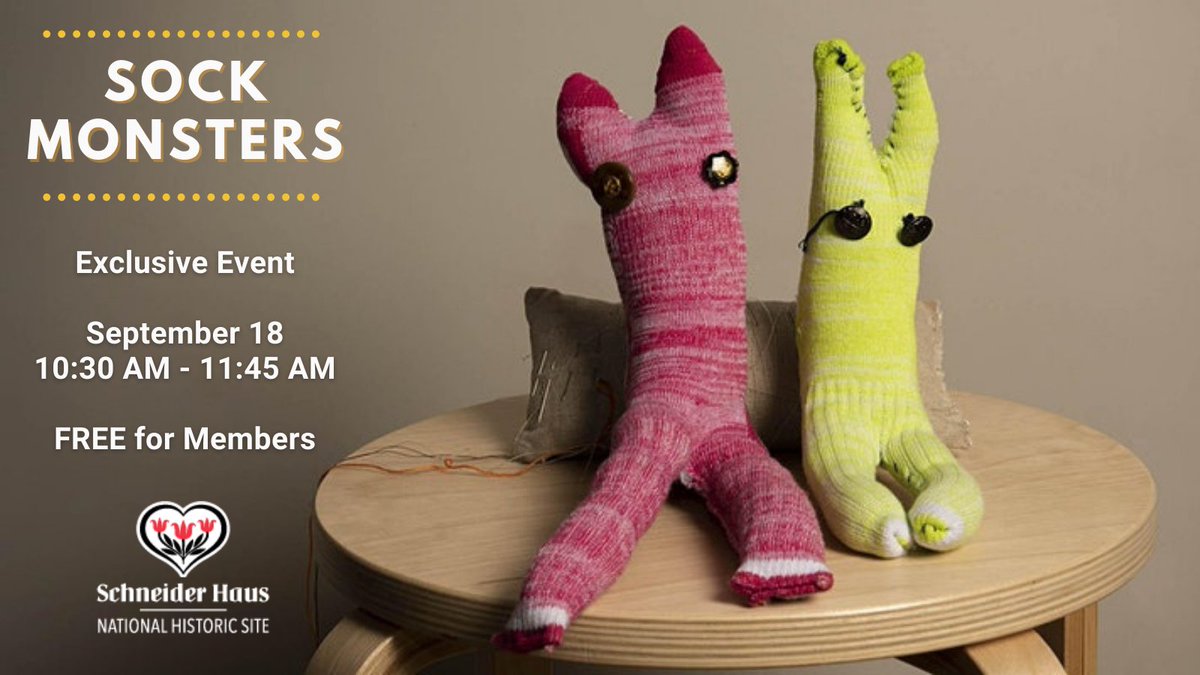 Get your tickets NOW for our newest exclusive event: Sock Monsters! Suitable for ages 7+
Join us on September 18th for a fun-filled morning and learn a few basic sewing skills by creating colourful, terrifying sock monsters!
Get your tickets here: eventbrite.ca/e/schneider-ha…