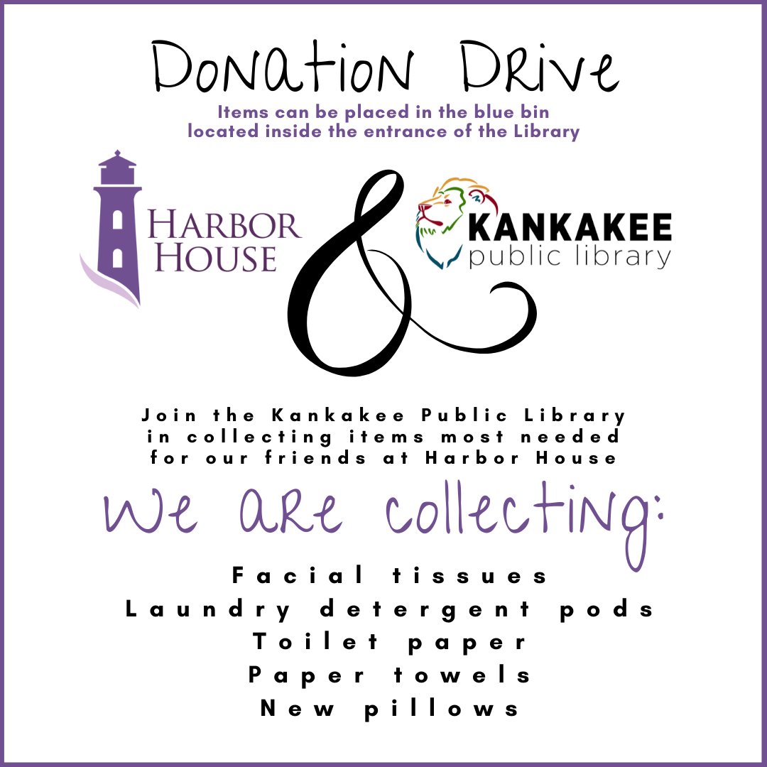 KankakeeLibrary's tweet image. The Kankakee Public Library is collecting donations for Harbor House, who's mission is to provide services to survivors of domestic violence in our community. Your donations enrich Harbor House's work in empowering survivors, helping them heal, and breaking cycles of violence. 💜