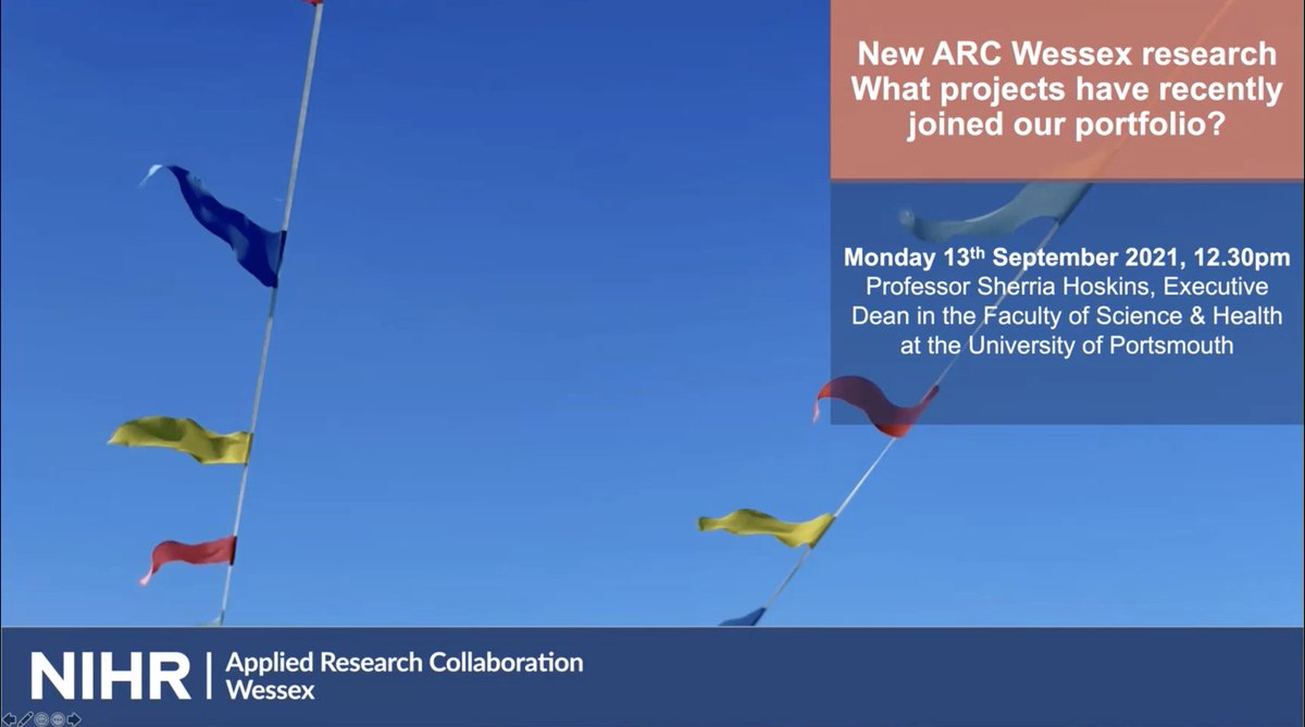 NIHR Applied Research Collaboration Wessex (@arc_wessex) on Twitter photo Thanks you everyone for todays webinar on the 4 new research projects starting this autumn vimeo.com/603969409 We've marked each chapter <a href="/DrKindaIbrahim/">Dr Kinda Ibrahim</a> Dr Kat Bradbury Dr Carlos Lamas Fernandez and <a href="/JaneLMurphy100/">Prof Jane Murphy</a> | <a href="/SherriaHoskins/">Sherria Hoskins</a> <a href="/AlisonProf/">Prof Alison Richardson</a> <a href="/mcportillov/">Mari Carmen Portillo</a> <a href="/SouthamptonGeri/">Helen Roberts</a> Thanks you everyone for todays webinar on the 4 new research projects starting this autumn vimeo.com/603969409 We've marked each chapter <a href="/DrKindaIbrahim/">Dr Kinda Ibrahim</a> Dr Kat Bradbury Dr Carlos Lamas Fernandez and <a href="/JaneLMurphy100/">Prof Jane Murphy</a> | <a href="/SherriaHoskins/">Sherria Hoskins</a> <a href="/AlisonProf/">Prof Alison Richardson</a> <a href="/mcportillov/">Mari Carmen Portillo</a> <a href="/SouthamptonGeri/">Helen Roberts</a>